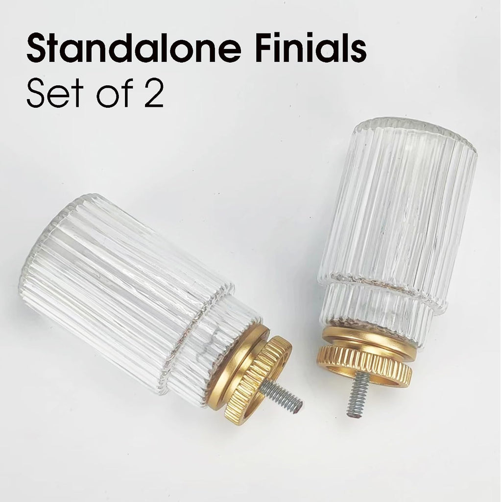 Decorative Curtain Rod Finials, Ribbed Glass Finials with Gold Base, Set of 2, Compatible with 1 inch or 1-1/8 inch