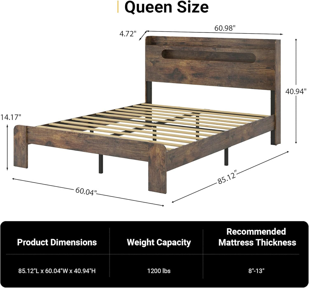 Wooden Queen Bed Frame with Storage Headboard, Rustic Farmhouse Platform Bed Frame Queen with Charging Station & LED