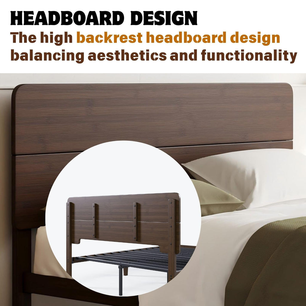 14 Inch Solid Bamboo Wood King Size Bed Frame with Headboard