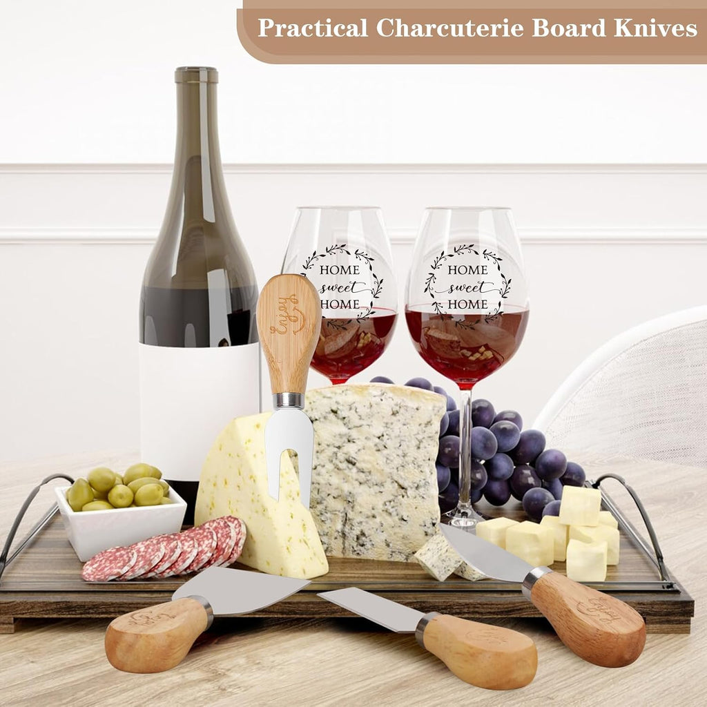 House Warming Gifts New Home - Marble & Acacia Wood Cheese Board, 4 Cheese Knives, Candle, 2 Wine Glasses, 2