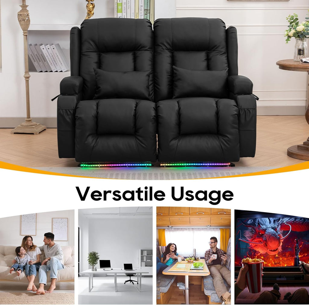 54" Power Loveseat Recliner Sofa, Electric Home Theater Seating with Massage Heat/4 Colors Ambient Lights/USB