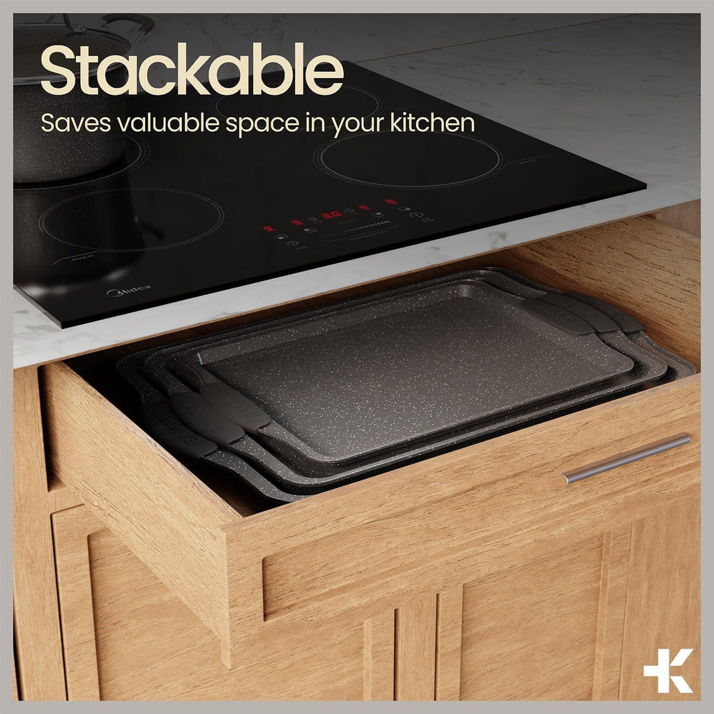 6-Piece Nonstick Gray Marble Coated Bakeware Set - Professional Quality Carbon Steel Pans with Silicone Handles