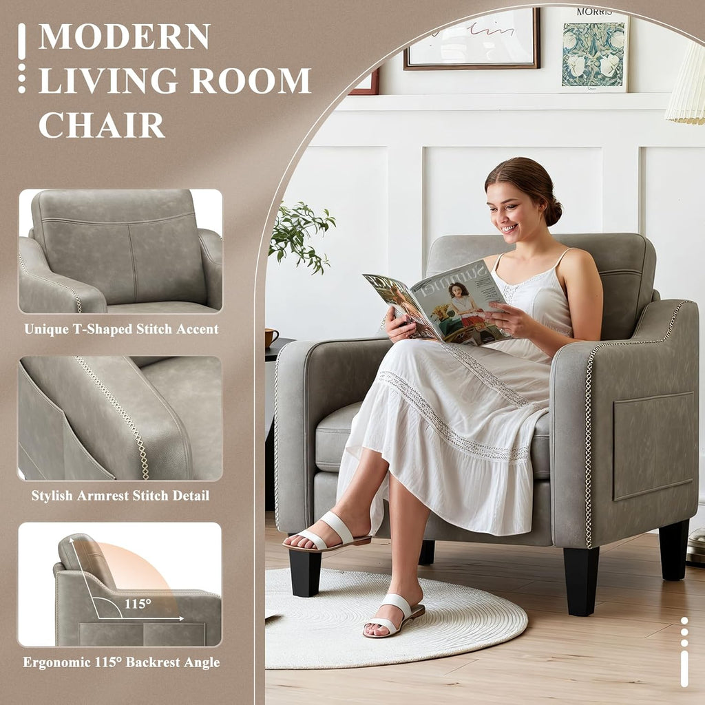 PU Leather Accent Chair, Mid-Century Modern Living Room Armchair Sofa with Removable Cushions, Solid Wood Frame &