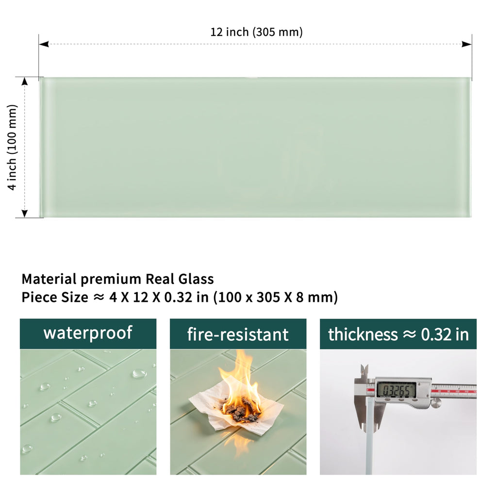 Light Green Glass Subway Tile, Glass Kitchen Shower Backsplash Wall, 4 x 12 Inches, 12Pcs, 4 Sq.Ft.