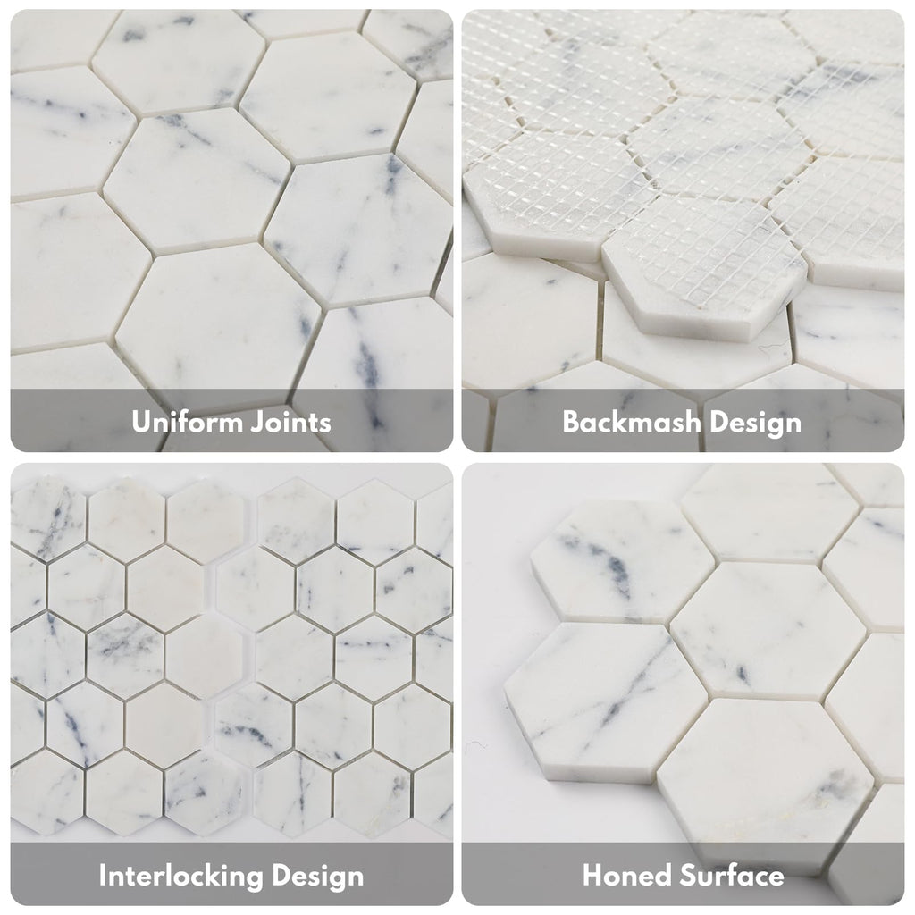 2 Inch Hexagon White Marble Mosaic Tile, Stone Tile Backsplash Bathroom Shower Wall Floor, Contempo Blue (5 Sheet
