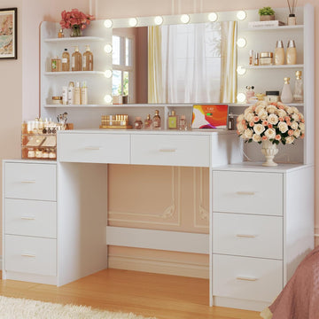 Large Vanity Desk with Mirror & Lights, White Makeup Vanity with 8 Drawers & 6 Storage Shelves, Vanity Set with LED