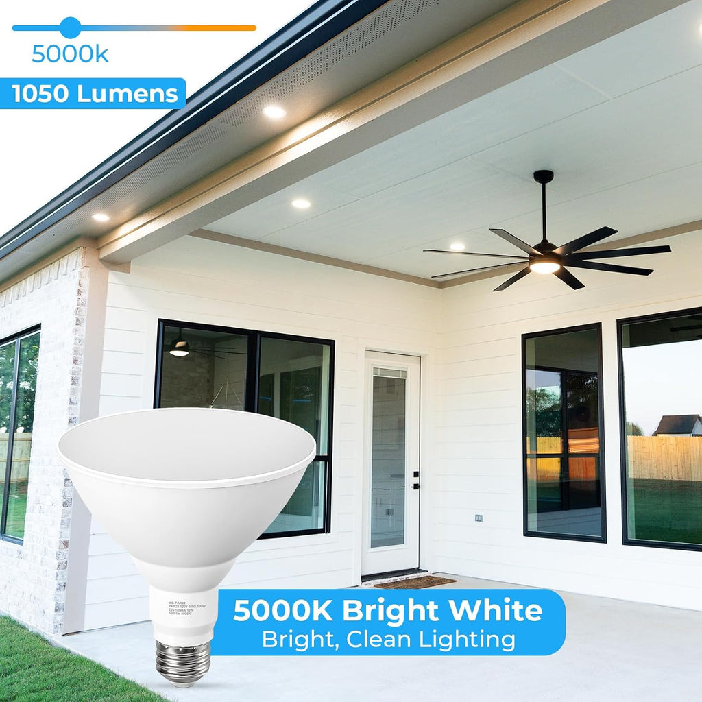 Flood Light Bulbs Outdoor 5000K Daylight, PAR38 LED Porch Light Bulb Waterproof, 100W Equivalent, Dimmable Exterior