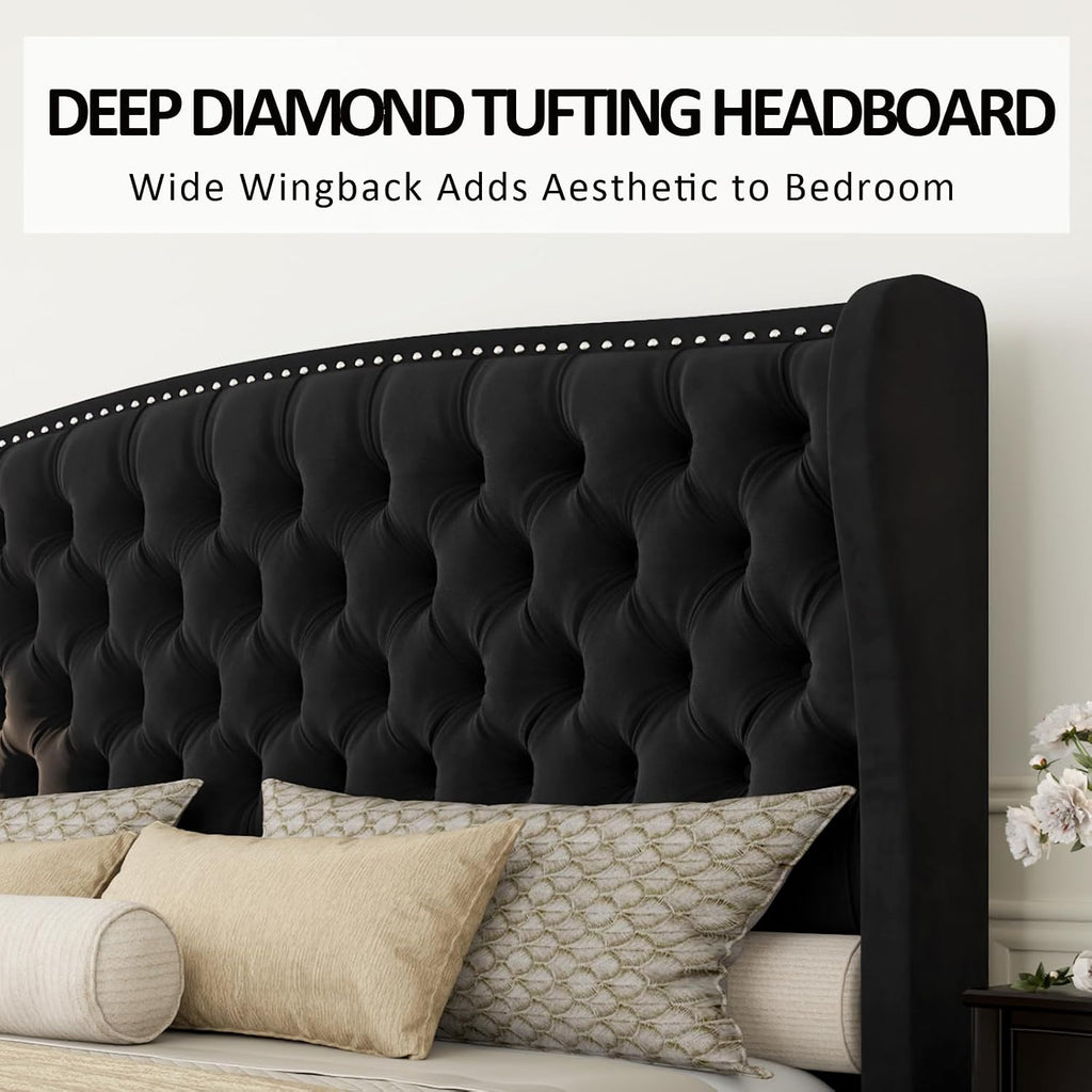 Queen Platform Bed Frame, Velvet Upholstered Bed with Deep Button Tufted & Nailhead Trim Wingback Headboard/No Box