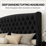 Queen Platform Bed Frame, Velvet Upholstered Bed with Deep Button Tufted & Nailhead Trim Wingback Headboard/No Box