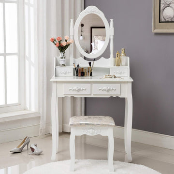 Makeup Vanity Table Set and Cushioned Stool with Oval Mirror, 4 Drawers Dressing Table (White)