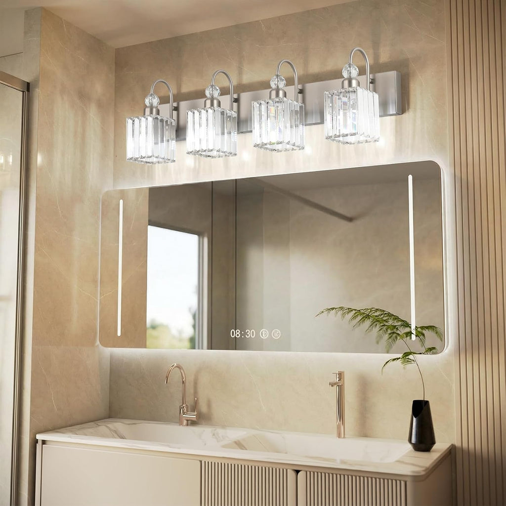 Crystal Brushed Nickel Vanity Light 4-Light Modern Bathroom Light Fixtures