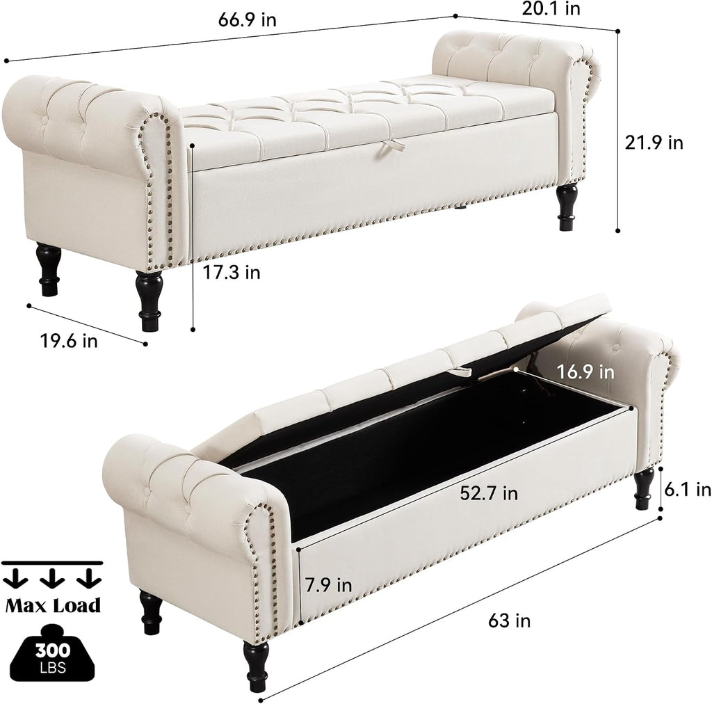 67 Inch Storage Bench , King Size End of Bed Bench, Upholstered Bench with Rolled Arms, Linen Tufted Button Storage