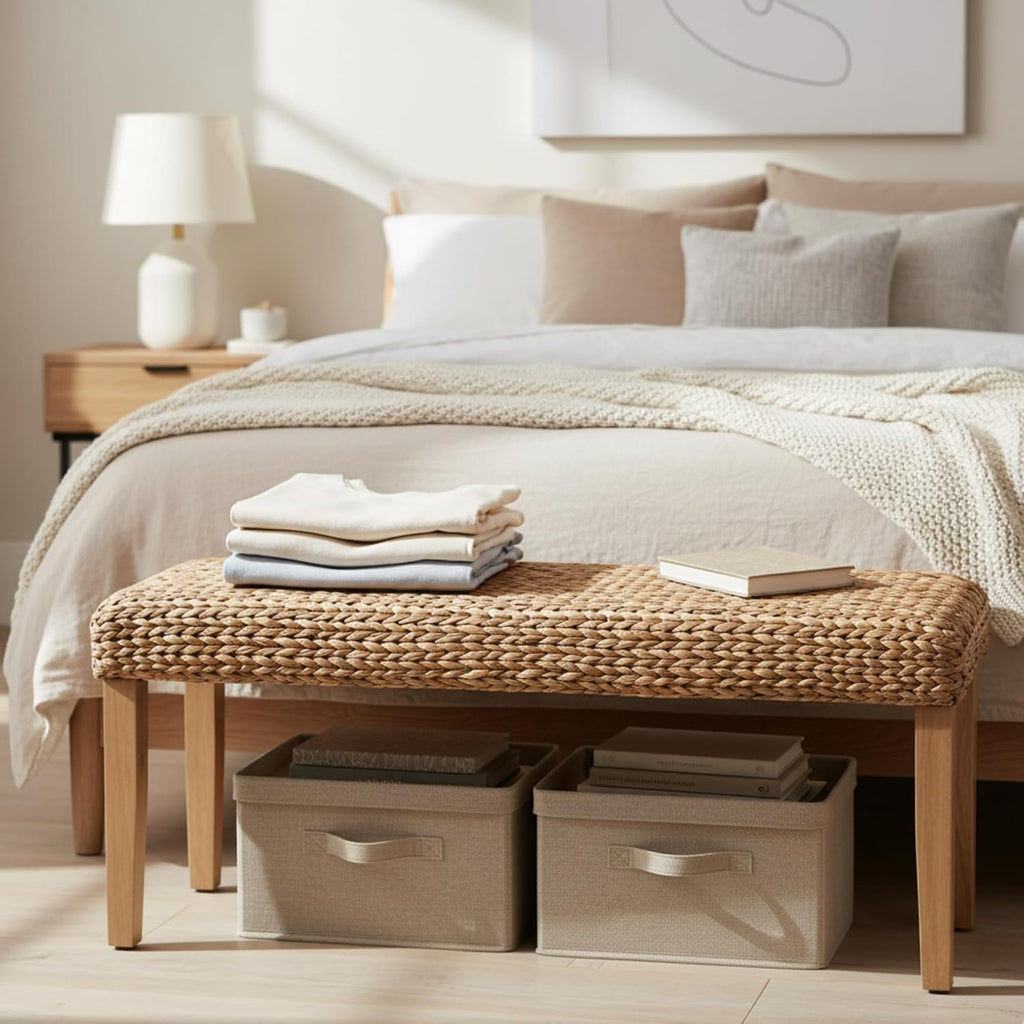Solid Wood Acacia Indoor Bench, 47 Inch Water Hyacinth Seat, Fishbone Style | Natural Woven Seat, Living Room or