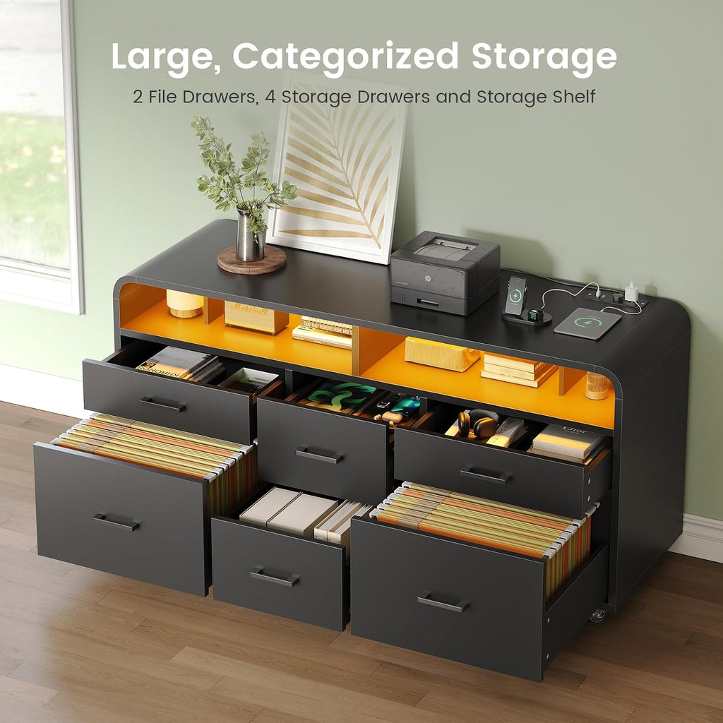 6 Drawers File Cabinet with Power Strip fits Legal/Letter/A4 Size | 47" Wood Mobile Lateral Filing Cabinet , Printer
