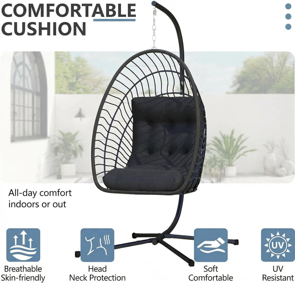 Hanging Egg Chair with Stand Indoor Outdoor, Foldable Rattan Wicker Hammock Egg Swing Chair Porch Patio Garden