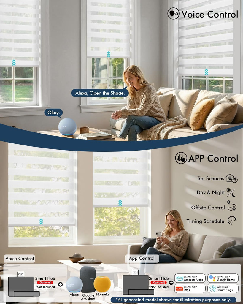 No Drill Motorized Zebra Blinds with Remote,Cordless Shades Dual Layer,Thermal Insulated Upgraded Shades(White