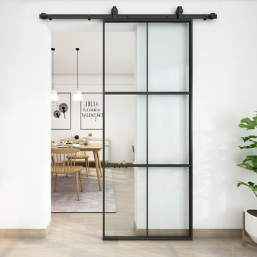 38in x 96in Glass Sliding Barn Door with 6.6ft Hardware kit, 3-Panel Black Aluminum Frame and Clear Tempered Glass