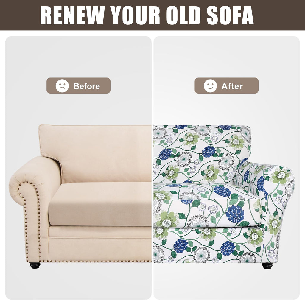 Stretch Sofa Cover Printed Couch Cover, Floral Pattern 4 Pieces Sofa Slipcover with 3 Separate Cushion Cover