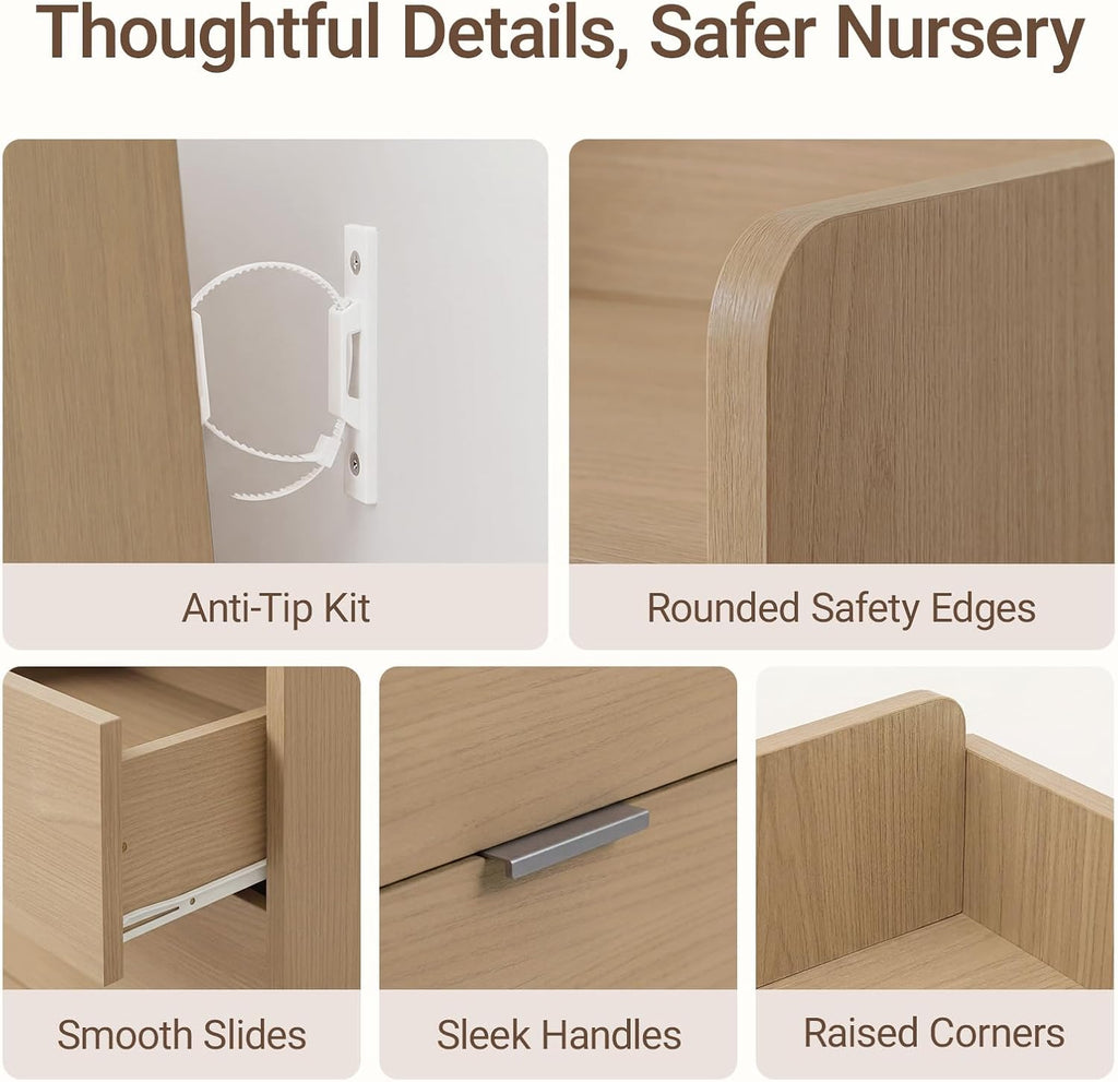 Pro 6-Drawer Baby Dresser with Changing Table, Easy Assembly | Walnut Wooden Nursery Dresser, Anti-Tip Design &