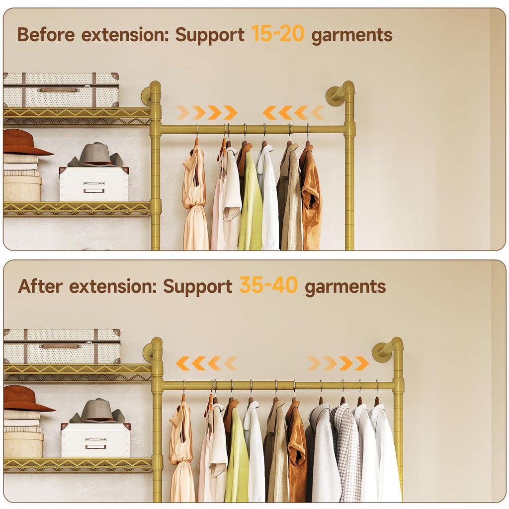 H4 Wall Mounted Closet System, Expandable Industrial Pipe Clothing Rack