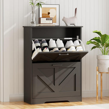 Farmhouse Shoe Cabinet with 2 Barn-Style Flip Drawers, Narrow Shoe Storage Organizer with Top Display Shelf
