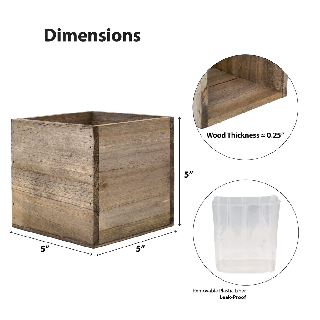 Cube Planter Box with Removable Plastic Liner (5"x5"x5")(4 PCS) | Multiple Size Choices Wood Square Planter | Indoor