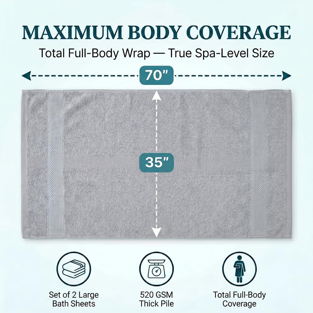 Bath Sheet Towels 2 Pack Oversized, (35 x 70 Inches) 100% Cotton Jumbo Bathroom Towels, Extra Large Soft Absorbent