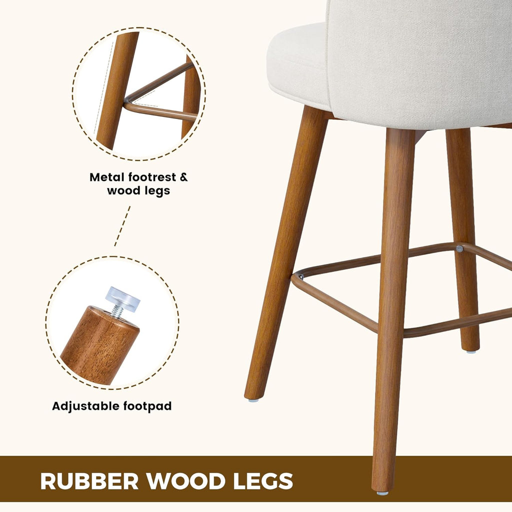 Modern Swivel Bar Stools Set of 2, Chic Upholstered Counter Height（26IN） Bar Chair with Back, Solid Wood Legs