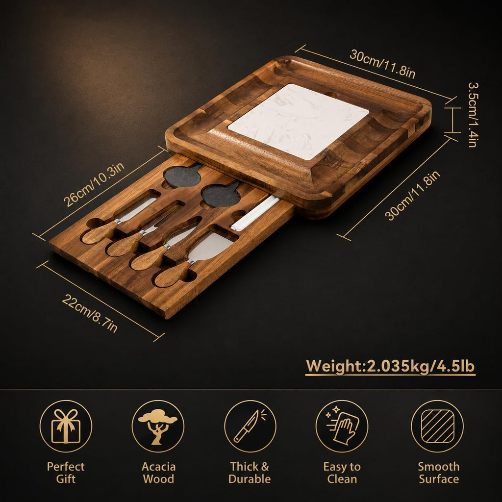 Premium Acacia Cheese Board Set with Slide-Out Drawer & 4 Cheese Knives, Charcuterie Board with Marble-Style Insert