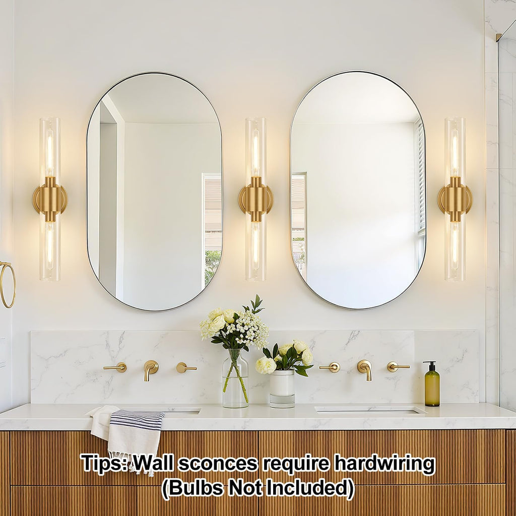 Wall Sconces Set of Two, Brushed Gold Bathroom Sconces Wall Lighting with Clear Glass, Hardwired Modern Sconces Wall