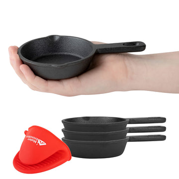 Mini Black Cast Iron Skillet Set with Silicone Mitt (4 Count) - 3.5 Inch Pans, Pre Seasoned Small Skillets for Baked