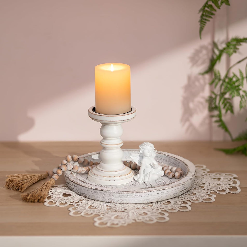 Rustic Wooden Tray Candle Holder - Round Wood Decorative Pillar Candle Tray for Coffee Table Farmhouse Kitchen