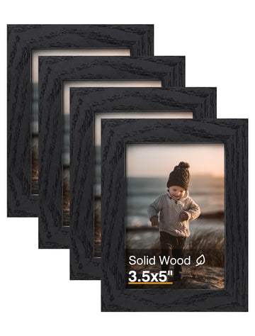 3.5x5 Picture Frame Black Wood, Solid Wood Frames with Plexiglass for Table Top and Wall Mounting, Photo Frames for