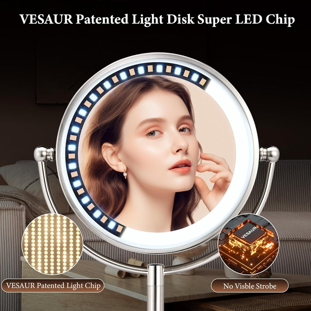 Professional 8.5" Large Lighted Makeup Mirror with Brighter Lights, 1X/10X True HD Magnifying Mirror with 3 Color