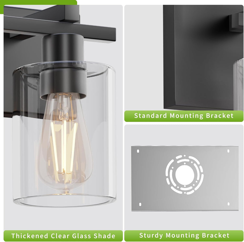 Bathroom Vanity Light,3 Light Matte Black Vanity Light with Thickened Clear Glass Shade, 21 inch Dimmable Modern Wall