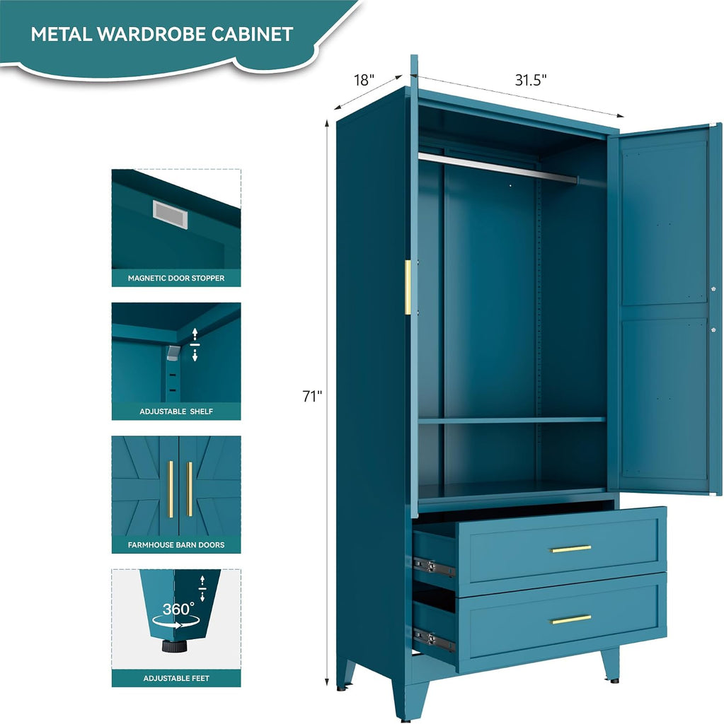 Blue Metal Wardrobe Closet, Armoire Wardrobe with Two Drawers Clothes Cabinet , 71" Tall Farmhouse Steel Armoire