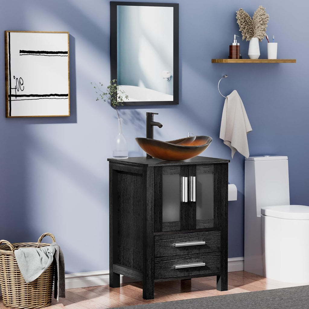 UEV 24" Black Bathroom Vanity with Vessel Sink,Modern Bathroom Vanity Cabinet