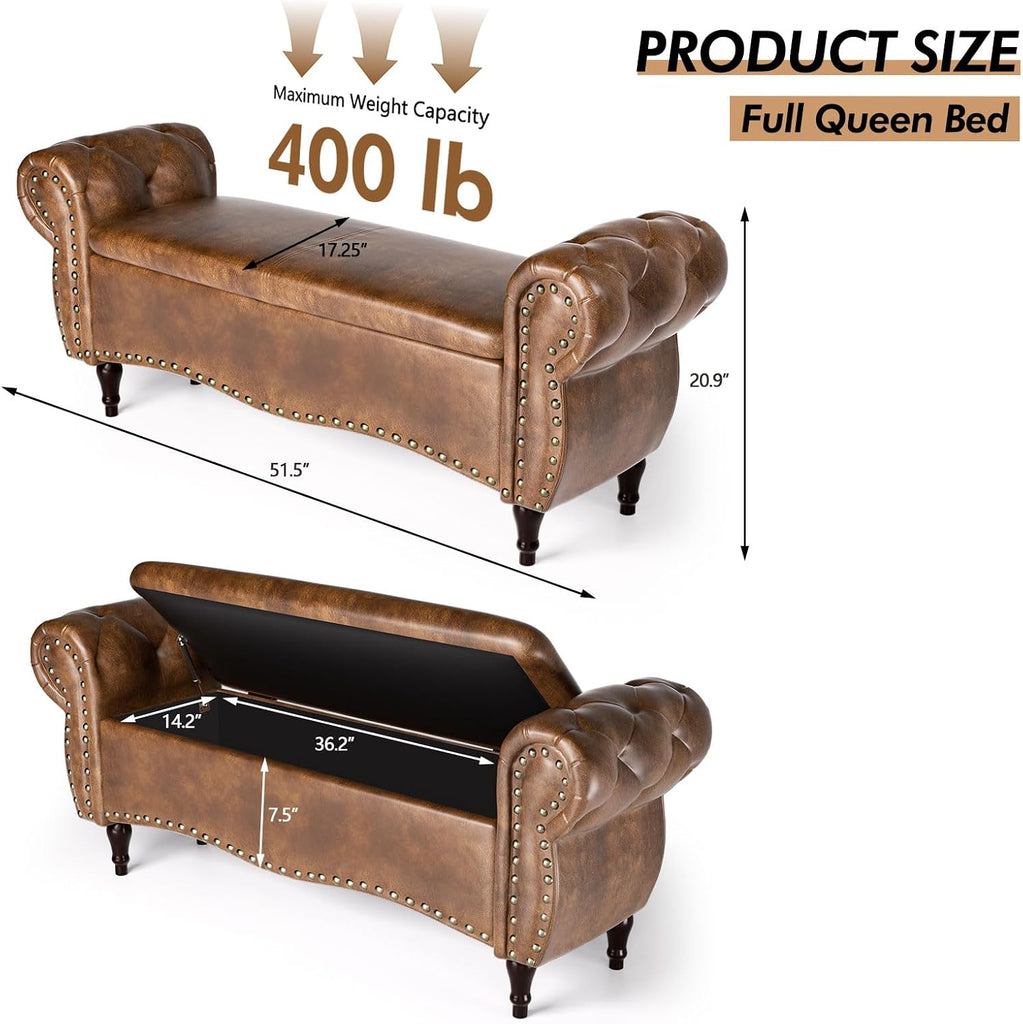 Storage Ottoman Bench, 51" Length Upholstered End of Bed Storage Bench with Safety Hinge, Tufted Bed Benches with