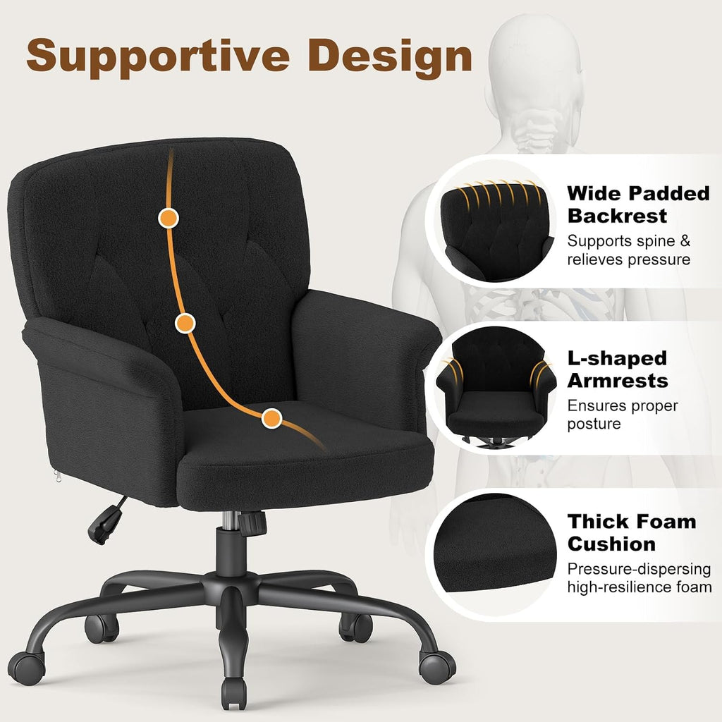 Comfy Home Office Desk Chair, Upholstered Fuzzy Vanity Chair with Wheels and Arms, Modern Adjustable Swivel Computer