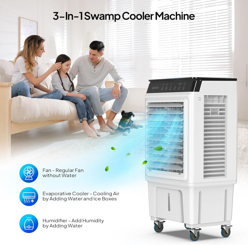 2300CFM Portable Air Cooler, 7.9Gal/30L Evaporative Swamp Cooler, 3-IN-1 Cooling Fan with Remote Control