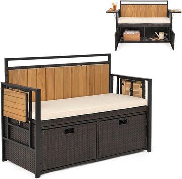 Outdoor Storage Bench, Outside Cushioned Loveseat Seating with Acacia Wood Backrest, 2 Folding Side Tables & 2 Doors