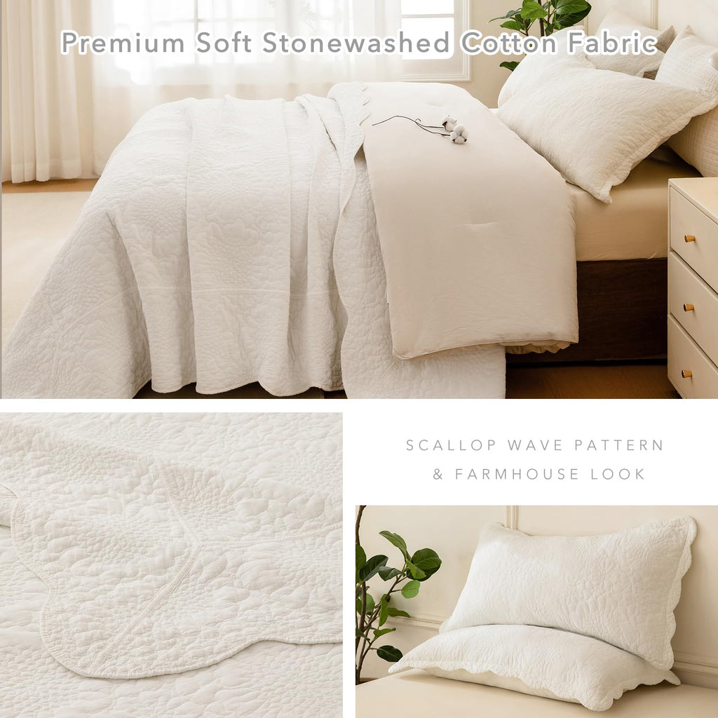 Milk White Stonewashed Cotton (128"x120"), 3PCs Farmhouse Rustic Wave Pattern Quilt California King, Soft Lightweight