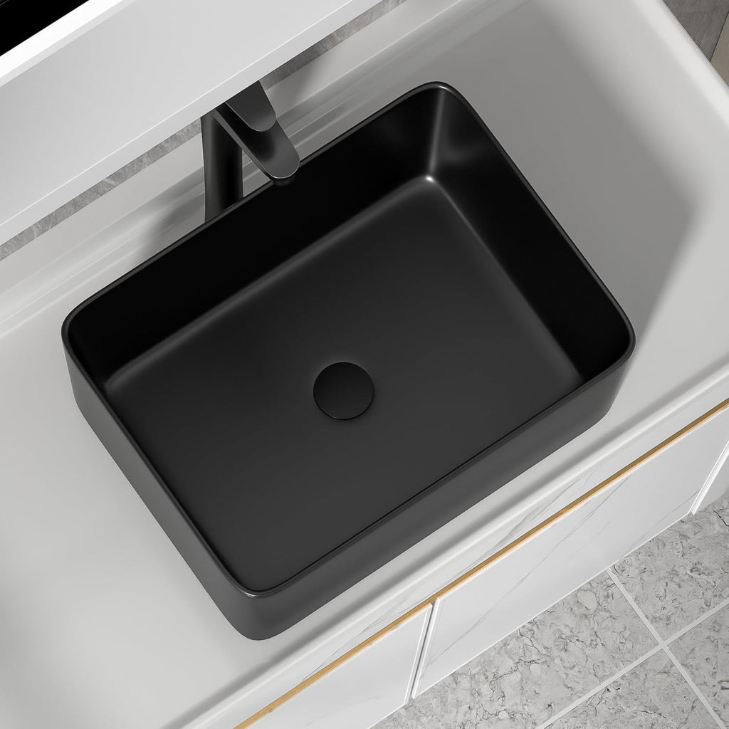 19"x15" Bathroom Vessel Sink Rectangular - Matte Black Porcelain Ceramic Rectangle Above Counter Vanity Lavatory Bath Sink Art Basin with Faucet & Pop-Up Drain