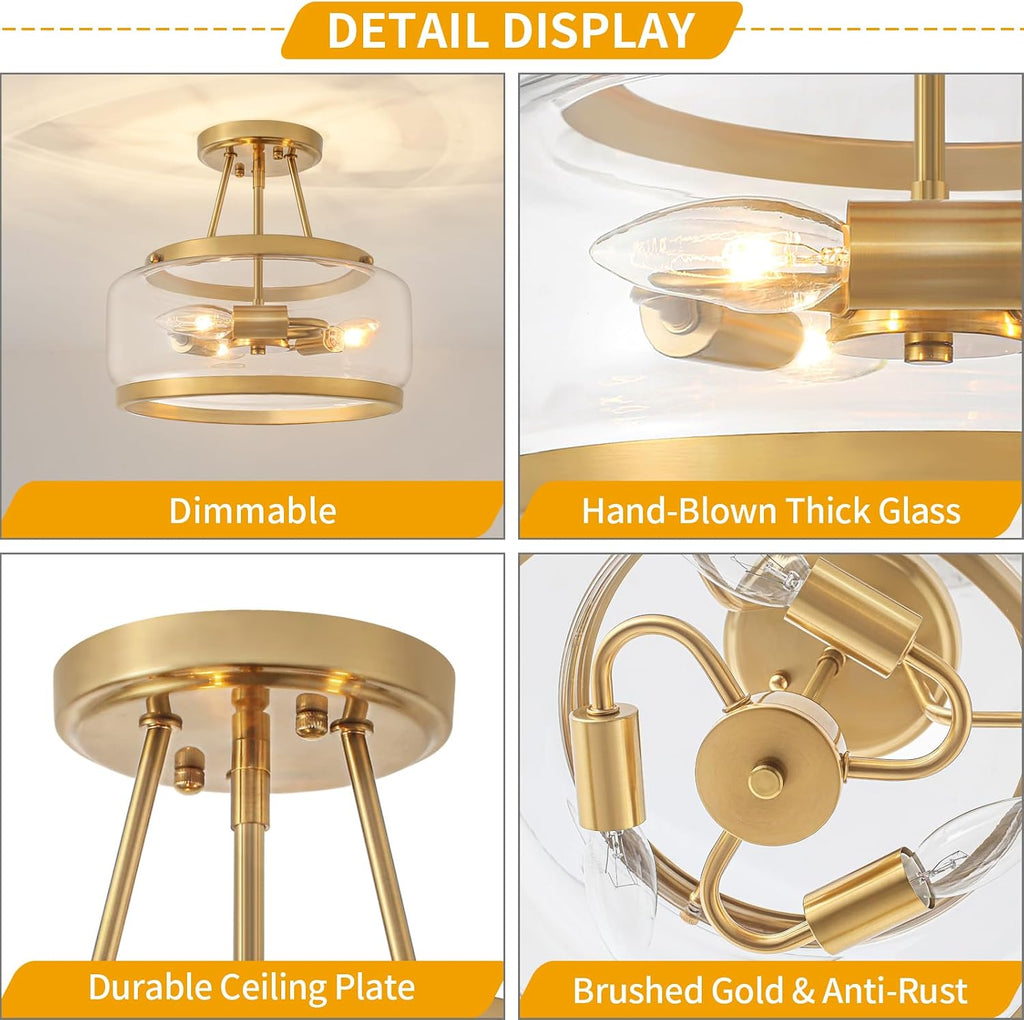 11.81" Brushed Gold Semi Flush Mount Ceiling Light, Modern Glass Drum Light Fixtures, 3-Light Golden Ceiling Lights