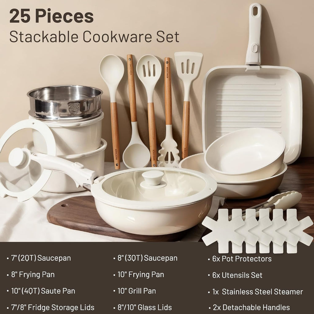 Nonstick Pots and Pans Set - Ceramic Cookware Set with Detachable Handle - 25 Pack Healthy Pans Set for Cooking