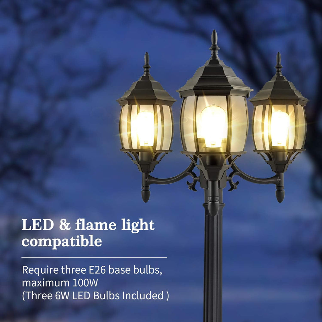Outdoor Lamp Post Light 3-Head, Classic Black with Clear Glass Panels, E26 Base Maximum 100W (3 LED Bulbs Included)
