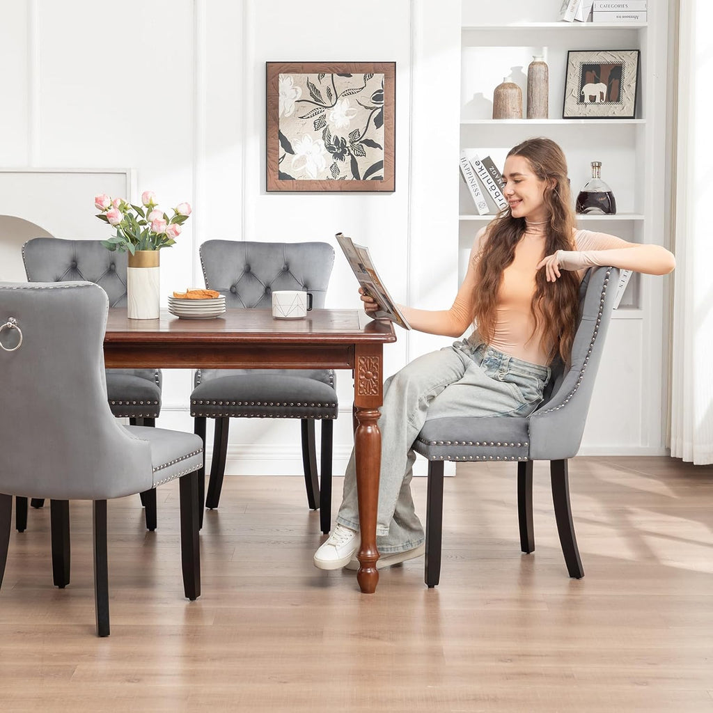 Velvet Dining Chairs Set of 4,Upholstered Dining Chairs with Ring Pull Trim and Button Back,Modern Seating for Kitchen
