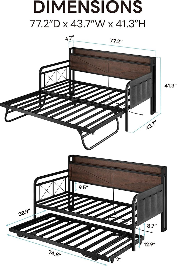 Twin Daybed with Pop Up Trundle & Charging Station & Storage Shelf | Pop Up Trundle with Smooth Wheels, Strong
