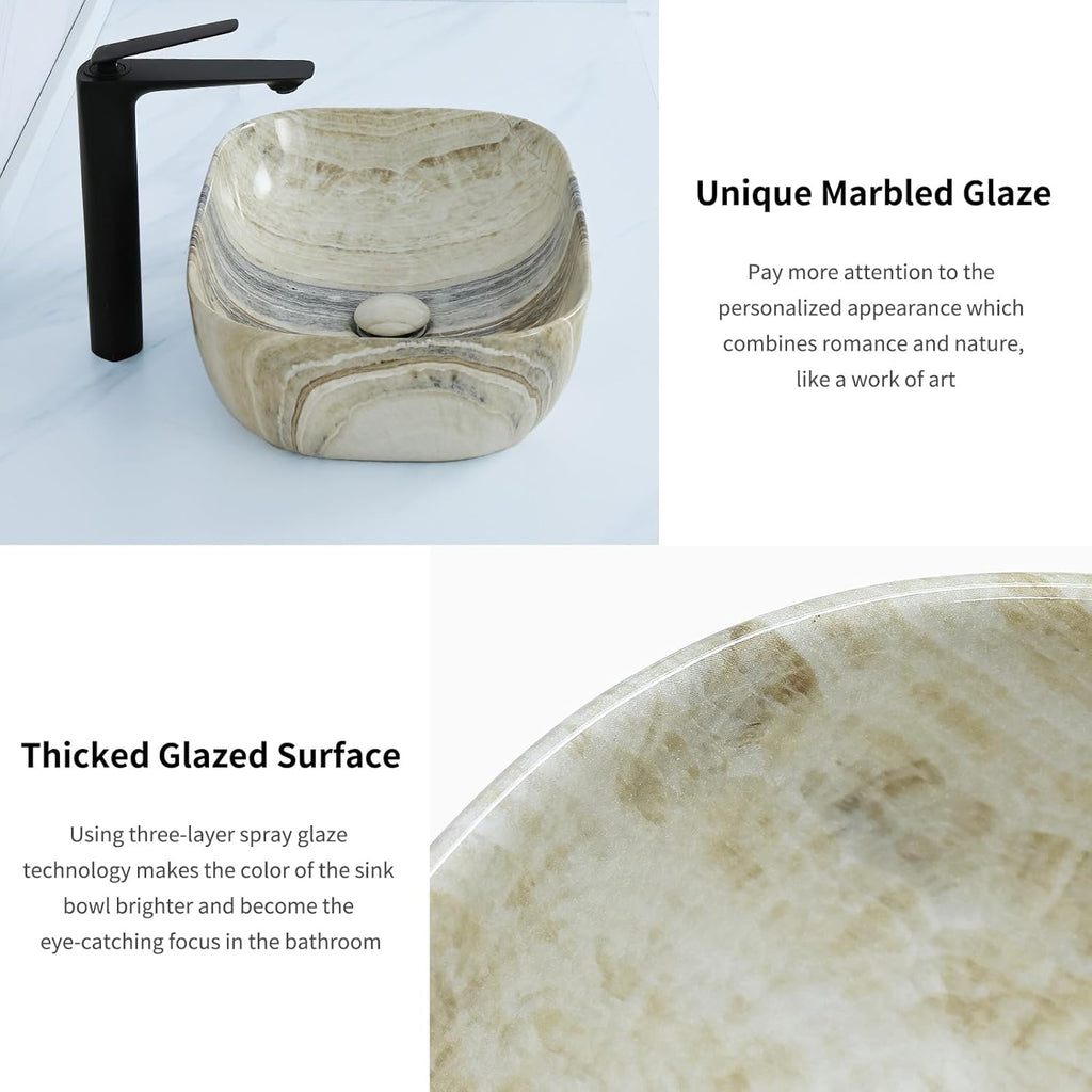 18.3"×13" Marbling Rectangle Bathroom Vessel Sink with Pop Up Drain,Nordic Ceramic Vessel Sinks,Bathroom Sinks