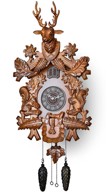 Cuckoo Clock with Automatic Night Mode, Hand Carved Deer Head and Wooden Decorations (Brown)